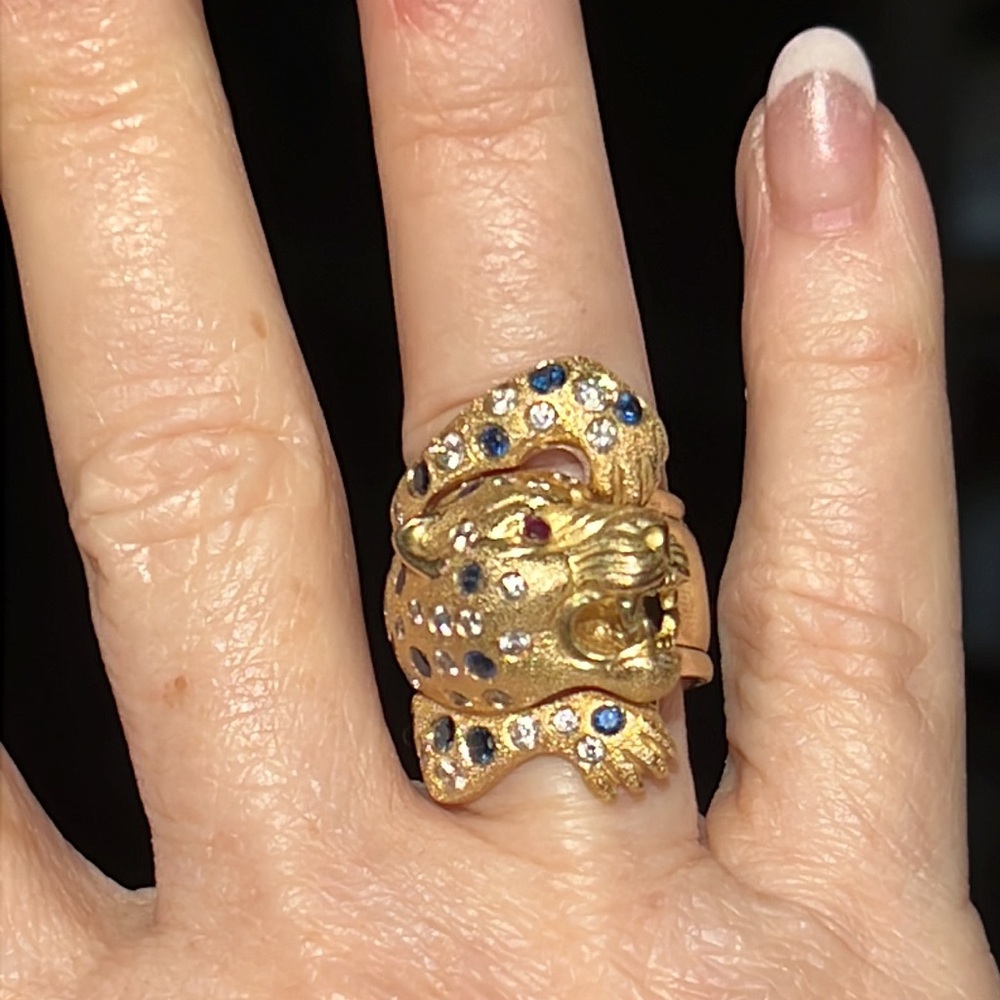 18k Gold Panther Ring with F VS diamonds sapphire and ruby - Picture 9 of 13